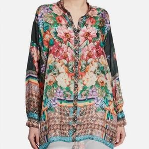 Johnny Was Bethia Floral Mixed-Print Button-Up Silk Georgette Top